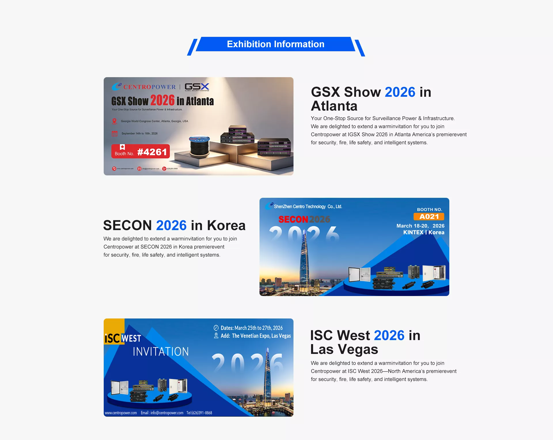 Exhibition Information page showing 2026 global security trade show invitations: GSX Show Atlanta, SECON Korea, and ISC West Las Vegas. CENTROPOWER exhibition banners with booth details, event dates and surveillance networking product displays.